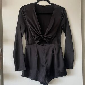 Cotton Candy Black Satin long sleeve shorts romper